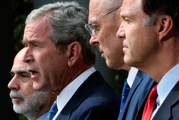 George Bush flanked by (from left) Federal Reserve Chair Ben Bernanke, Treasury Secretary Henry Paulson and SEC Chair Christopher Cox