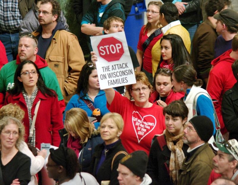 Workers and students fill the Capitol building in Wisconsin in protest of the assault on labor
