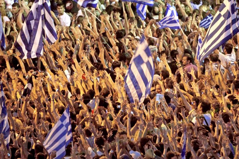 Demonstrators in Syntagma Square outside the Greek parliament building in Athens
