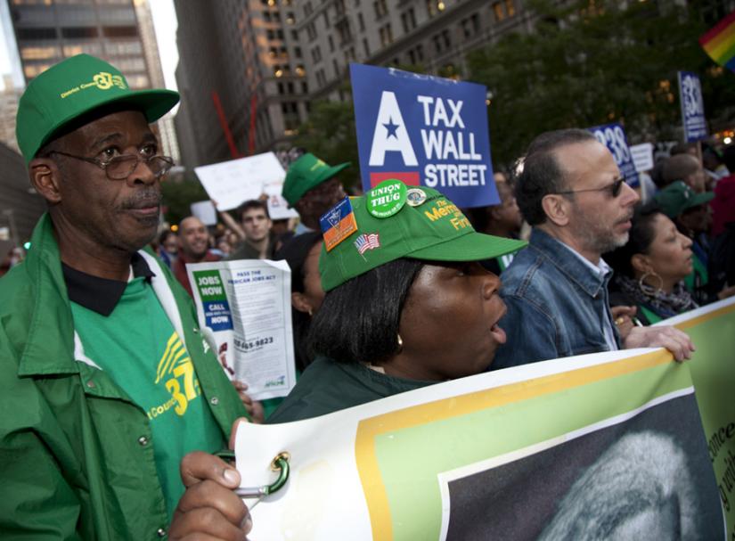 Members of District Council 37 march as part of the Occupy Wall Street protest