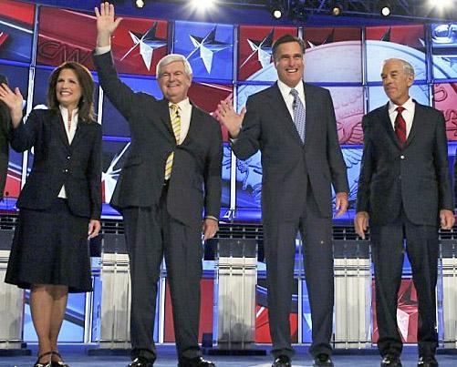 Republican candidates Michele Bachmann, Newt Gingrich, Mitt Romney and Ron Paul at a debate