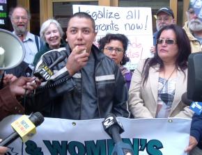 Francisco, a restaurant worker, speaks out against ICE raids before May 27 immigration hearings; next to him is Renee Saucedo of La Raza Centro Legal