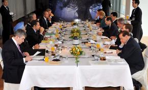 After discussing famine and hunger in Africa, the G8 leaders sat down to a sumptuous meal