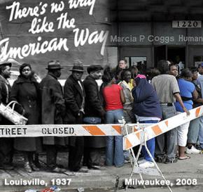 Lining up for food aid in 1937 and 2008