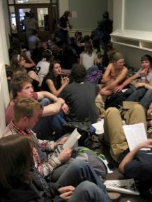 UVM students sit in to protest the administration's layoffs and budget cuts