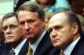 UAW president Ron Gettelfinger, former GM CEO Rick Wagoner, and Chrysler CEO Robert Nardelli during a recent congressional hearing