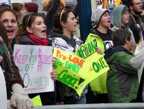 Supporters of a women's right to choose protest an anti-abortion demonstration in San Francisco