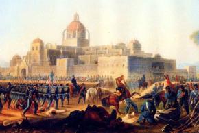 A painting depicting invading U.S. forces attacking in the battle of Churubsco, against a stronghold defended by the San Patricios
