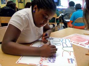 Student in a San Francisco school prepare for a speakout later in the day