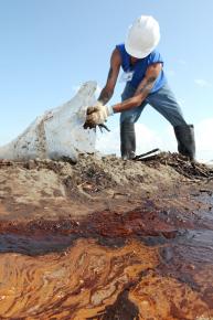 A worker attempts to clean up oil washing onto Elmer's Island, off the coast of Louisiana