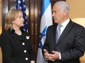 Hillary Clinton speaks with Israeli Prime Minister Benjamin Netanyahu during his visit to the White House
