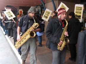 A lively picket line outside the posh Hilton complex in downtown San Francisco