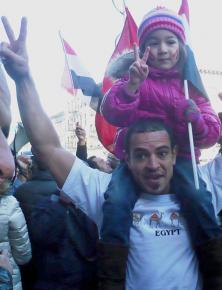 Supporters of the democracy movement in New York City celebrate Mubarak's downfall