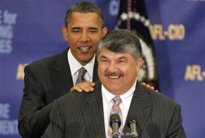 Barack Obama appears at an AFL-CIO event alongside federation President Richard Trumka