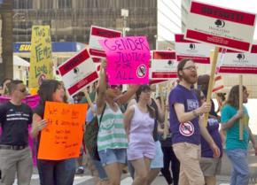 Protesters gathered in Detroit to condemn a "Men's Rights" conference
