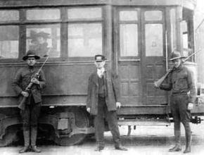 National Guard troops patrol a streetcar station during the Kansas City General Strike